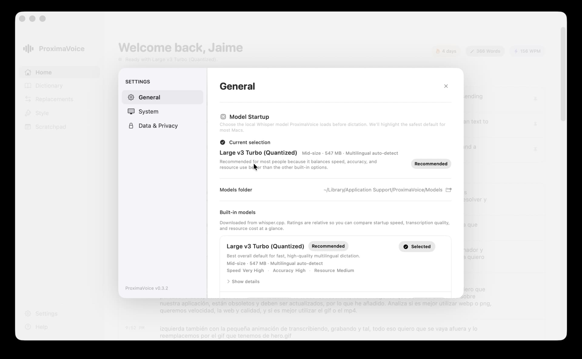 Proxima Voice model settings showing local Whisper model selection and download status