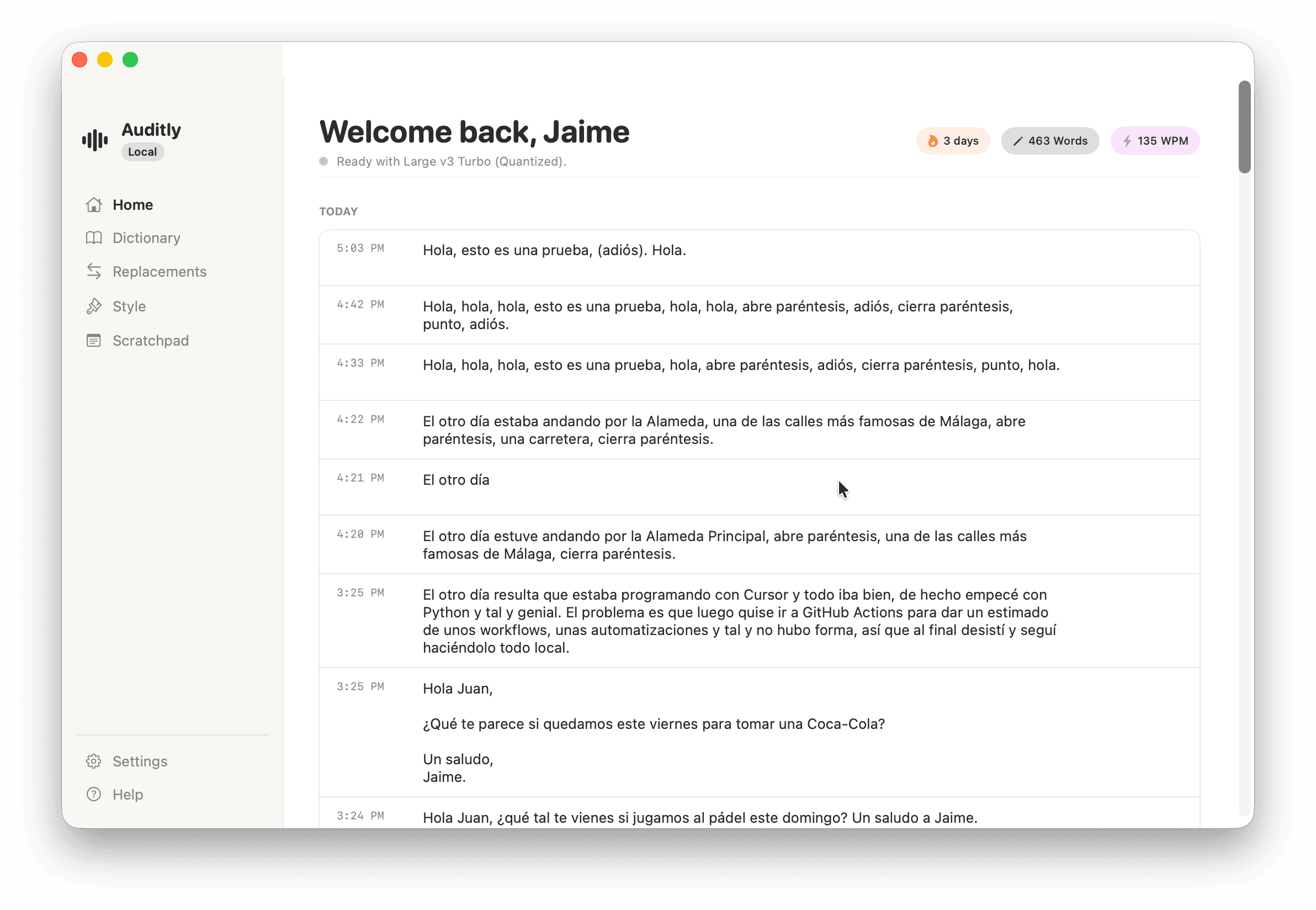 Proxima Voice home view showing transcripts