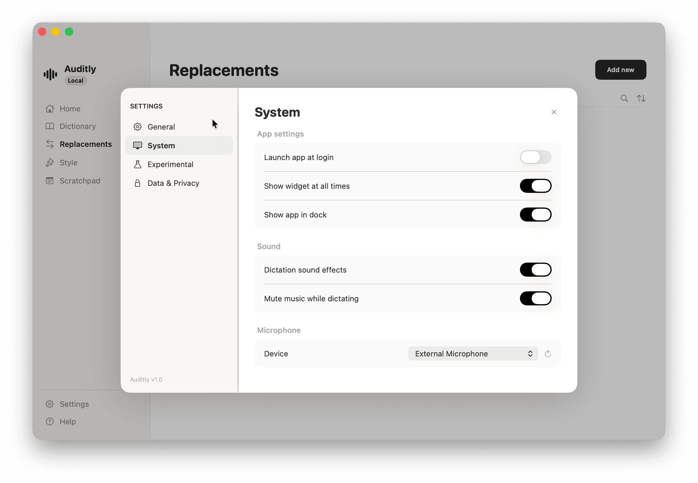 Proxima Voice settings showing privacy controls